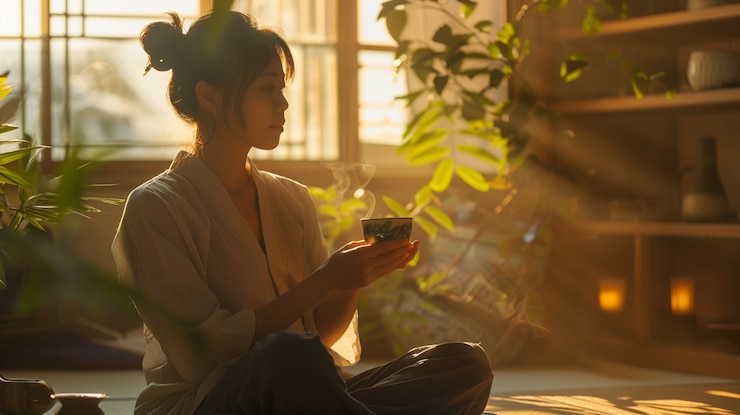 無料Photo 健康的なお茶を飲む女性