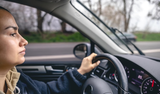 Free photo woman drivers hands on a car steering wheel