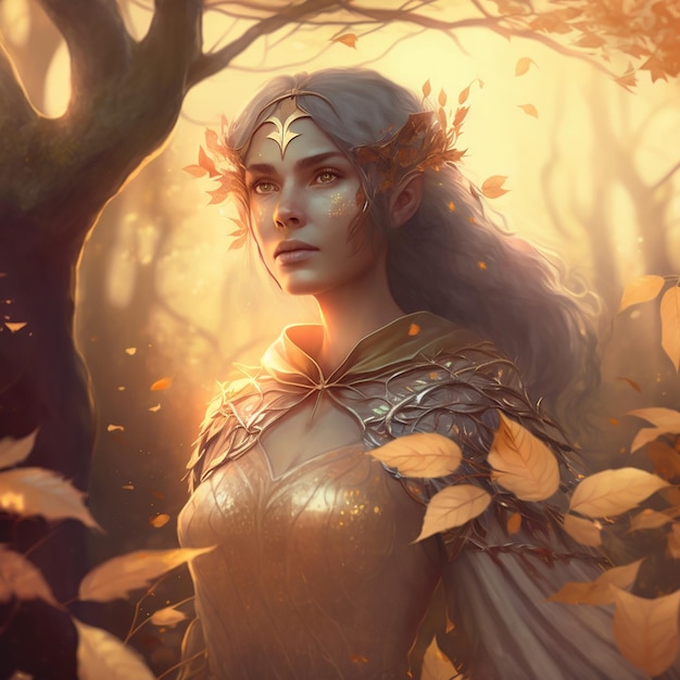 金色のドレスを着た女性エルフが森の中に立っている