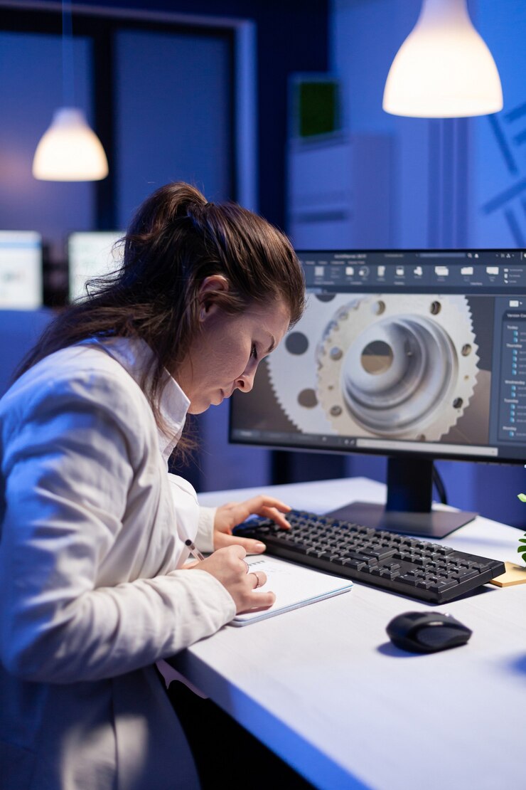 Free Photo woman engineer architect working in modern cad program sitting at desk in start-up business office