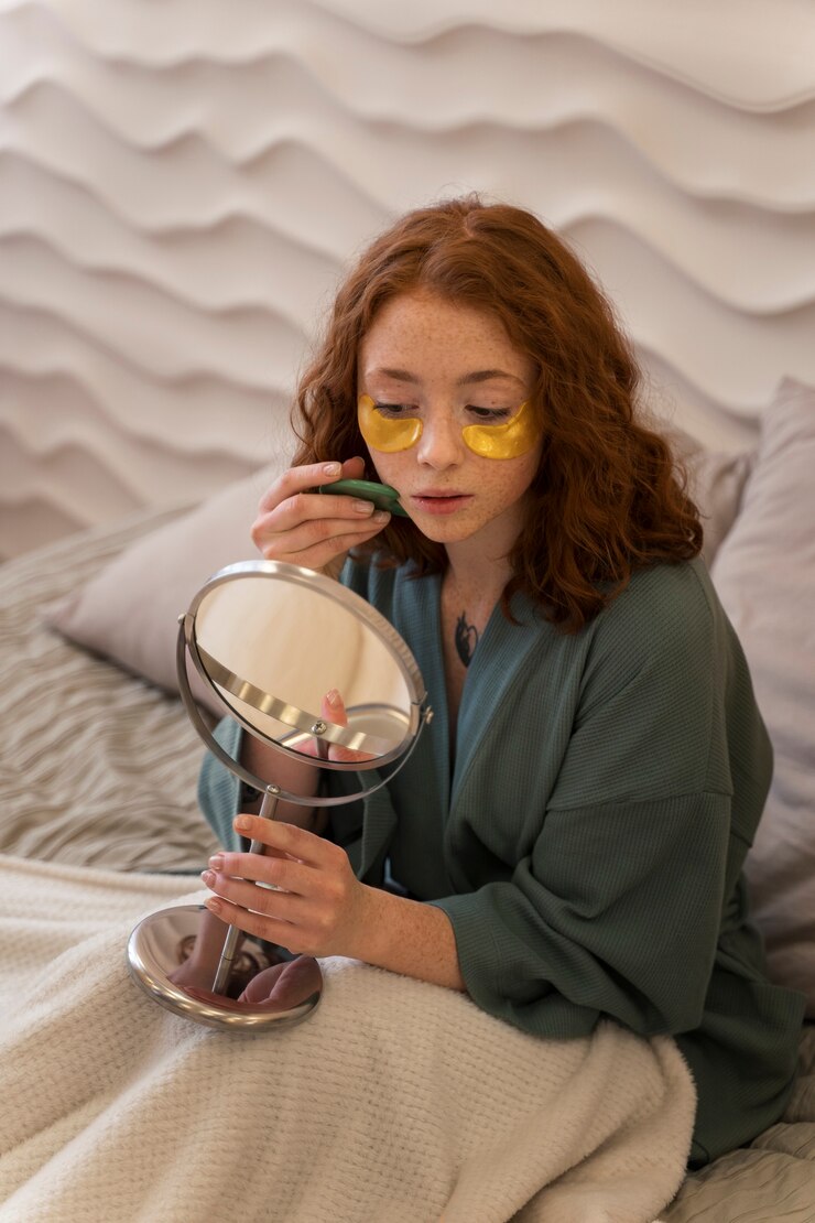 Free Photo woman enjoying her beauty routine with golden eye patches