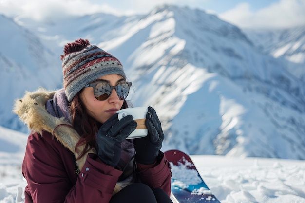 無料写真 鮮やかな山の風景でスノーボードを楽しんでいる女性