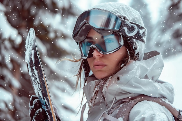 無料写真 鮮やかな山の風景でスノーボードを楽しんでいる女性