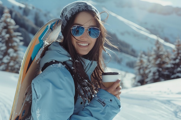 Free photo woman enjoying snowboarding in vivid mountain setting