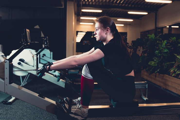 Woman exercising on rowing machine at gym