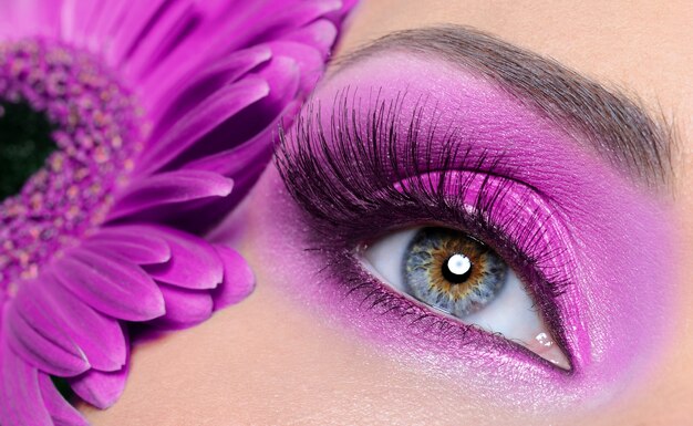 Woman eye with purple make-up and long false eyelashes - gerber flower