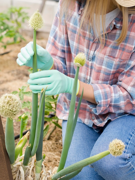 彼女の植物の世話をする女性農家