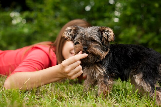 子犬に餌をやる女性