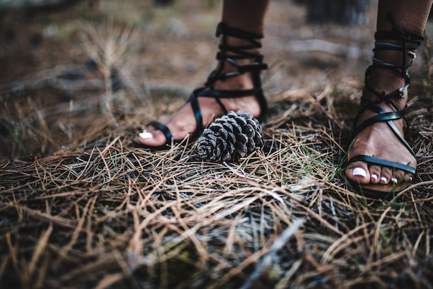 Женские ноги возле хвойных шишек на земле
