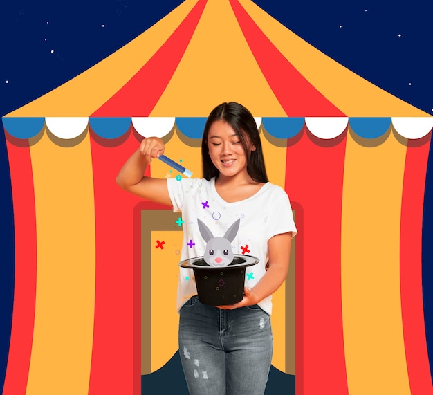 Woman in front of a circus tent with a topper