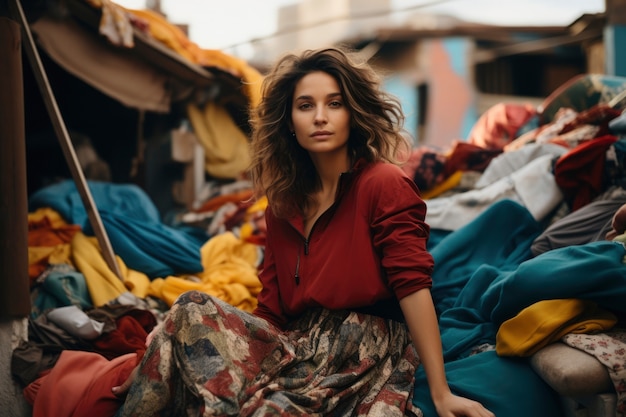 Woman in front of fast fashion merchandise pile