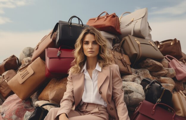 Woman in front of fast fashion merchandise pile