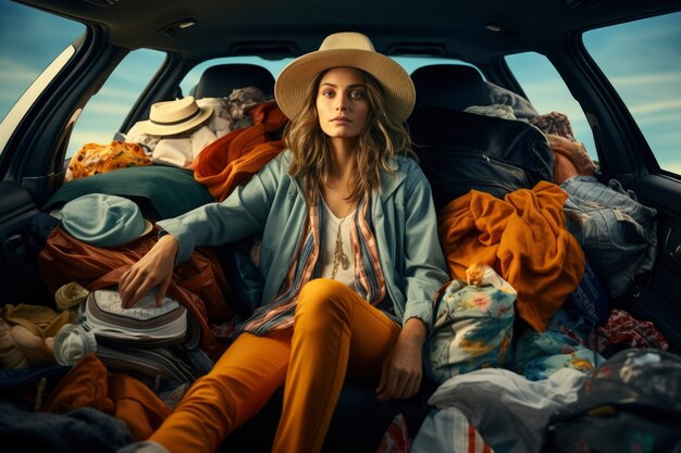 Woman in front of fast fashion merchandise pile