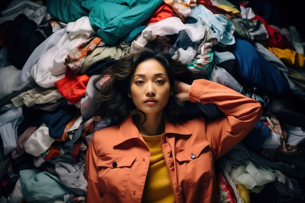 Woman in front of fast fashion merchandise pile