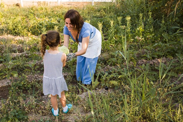 Woman giving her daughter cabbage in the vegetable garden