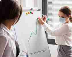 Free photo woman giving presentation at office during pandemic with mask on