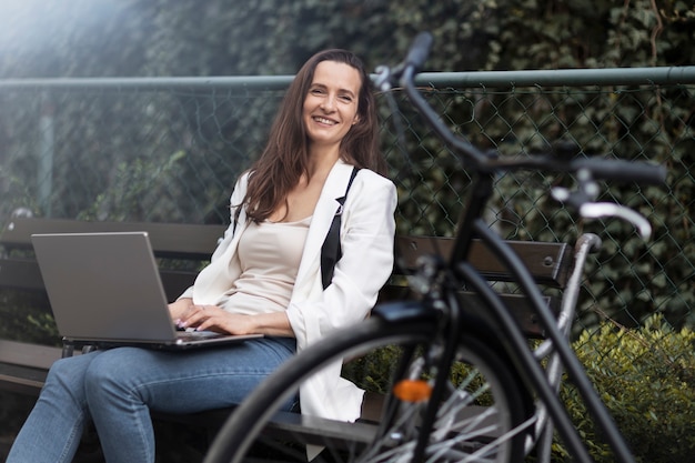 Woman going to work on bicycle