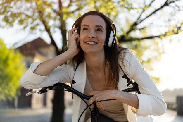 Woman going to work on bicycle