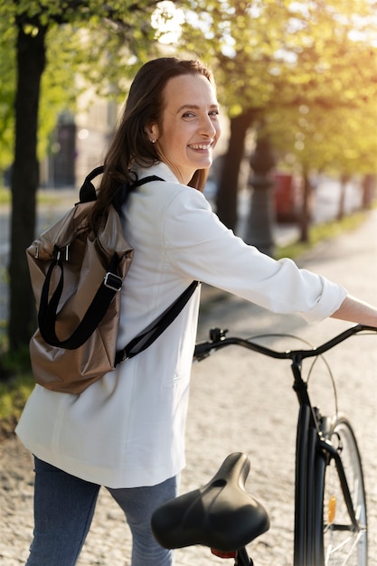 Woman going to work on bicycle