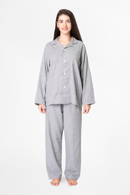 Woman in gray pajamas comfy sleepwear apparel full body