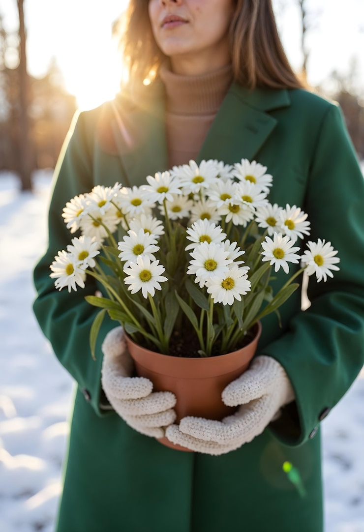Free Photo woman in green coat holding daisies in winter