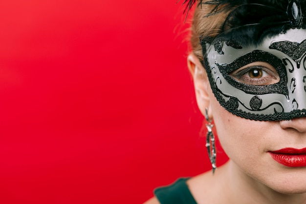 Woman in grey carnival mask with feathers