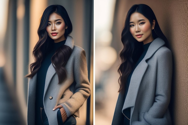 A woman in a grey coat and jeans stands in front of a wall that says'i'm a girl '