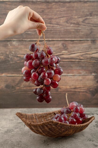 Woman hand holding cluster of red grapes on wooden background. 