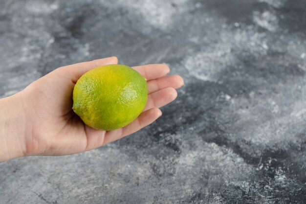 Woman hand holding a green fresh lemon . 