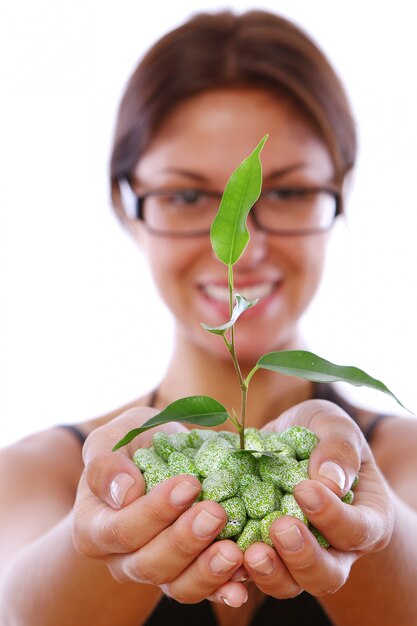Руки женщины, принимая зеленое растение
