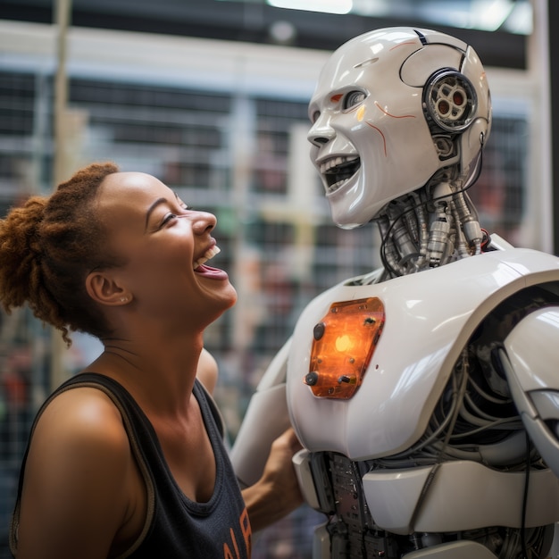 Free photo woman hanging out with robot