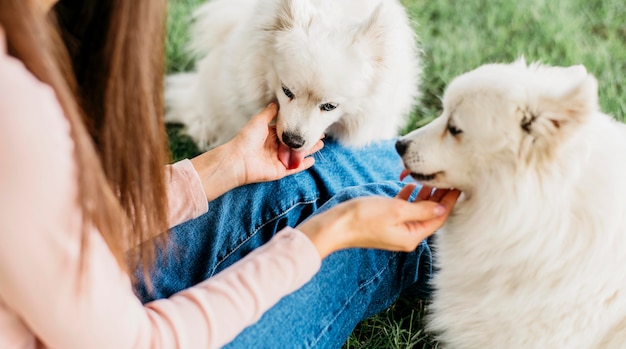 Woman happy to play with cute dogs