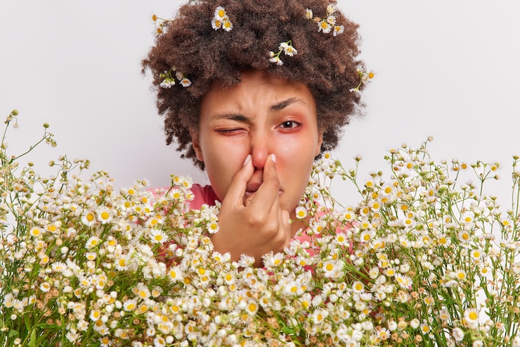 Free Photo woman has problems with breathing holds nose suffers from allergy to camomile holds big bouquet of flowers has red itchy eyes