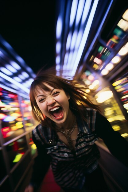 Woman having fun in the city at night