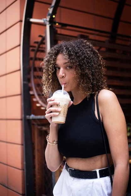 Woman having fun at food festival