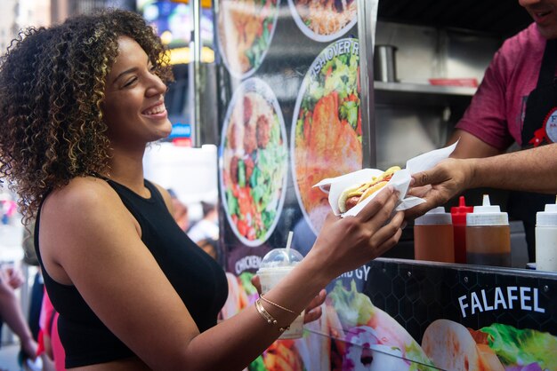 Woman having fun at food festival