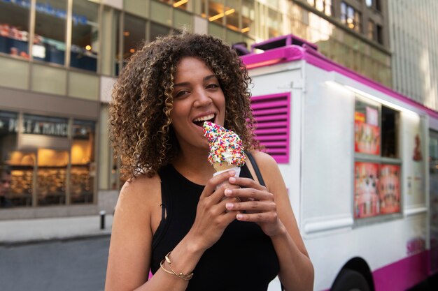 Woman having fun at food festival