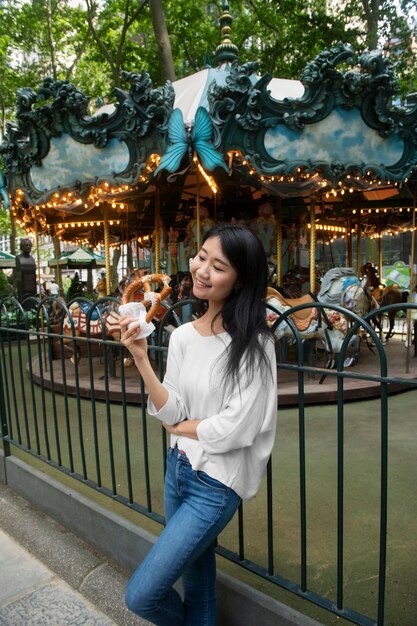 Woman having fun at food festival