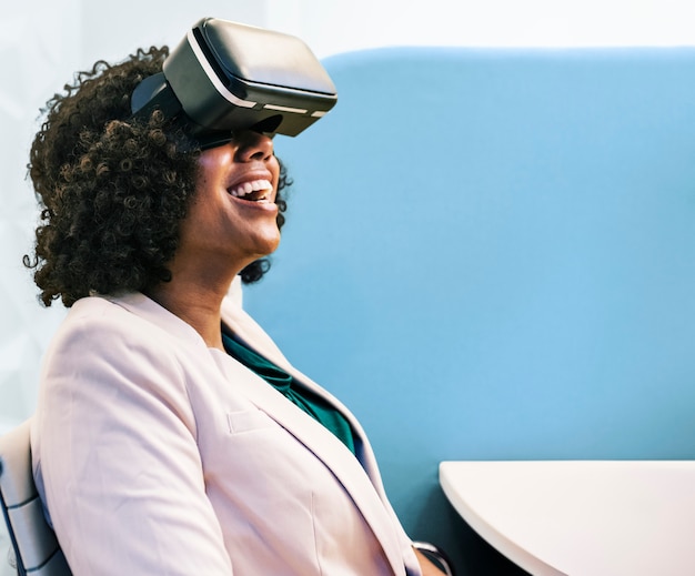 Woman having fun with a VR headset