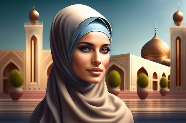 免费的照片在一个戴头巾的女人站在面前的一座清真寺。