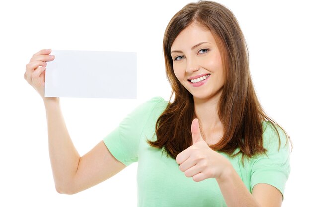 woman hold blank card and showing thumbs-up