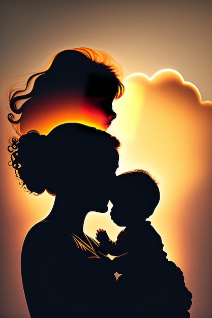 Free photo a woman holding a baby in front of a sunset