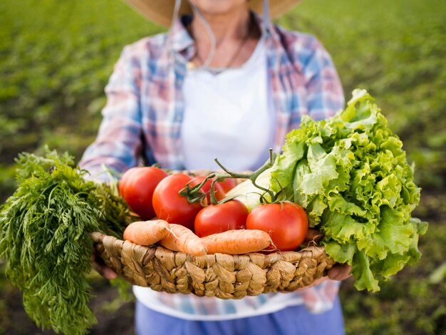 Woman holding a basket full of vegetables close-up