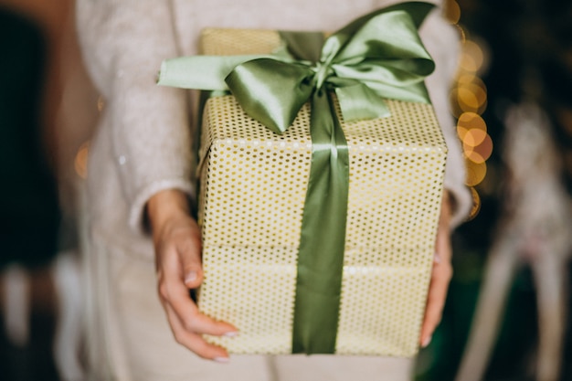 Free photo woman holding a christmas present, box close up