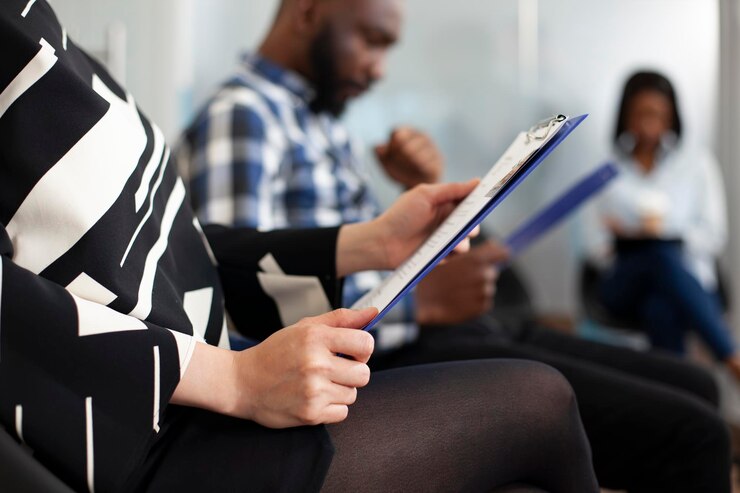 Free Photo woman holding clipboard in office lobby