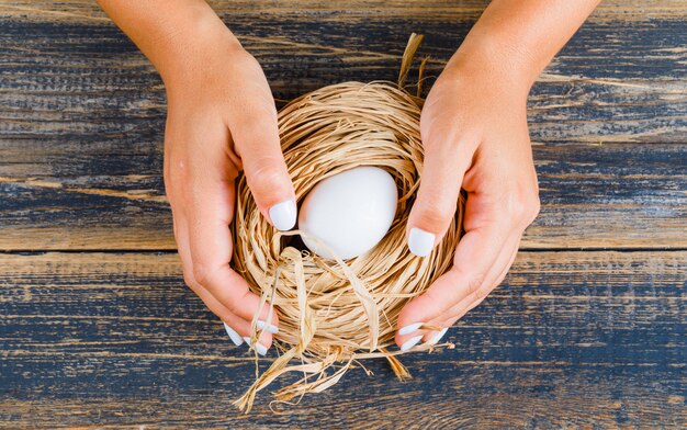 Free photo woman holding egg in straw nest