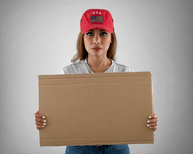 Woman holding empty placard medium shot