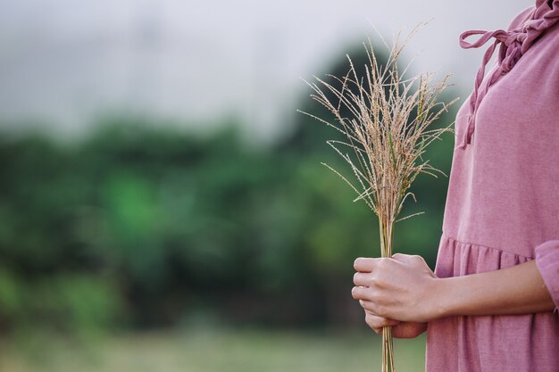 草原の花を保持している女性。