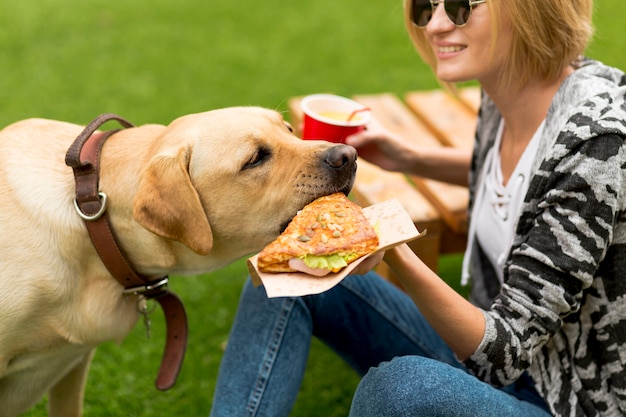 犬のための食糧を保持している女性