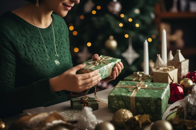 Free photo woman holding a gift box christmas ribbon greens colors